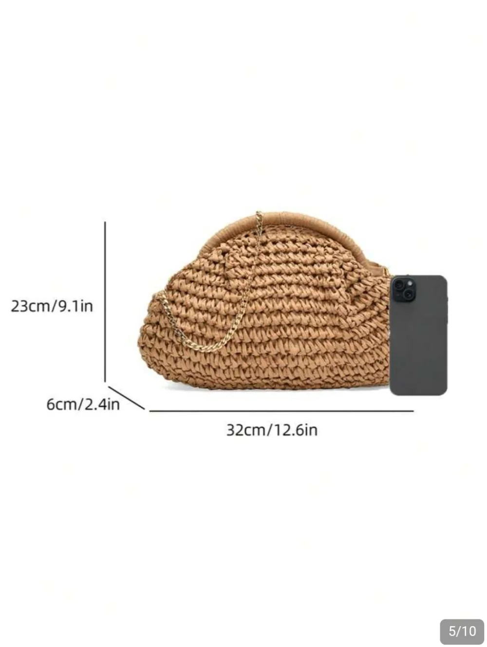 Woven Straw Clutch with Gold Chain - Tan